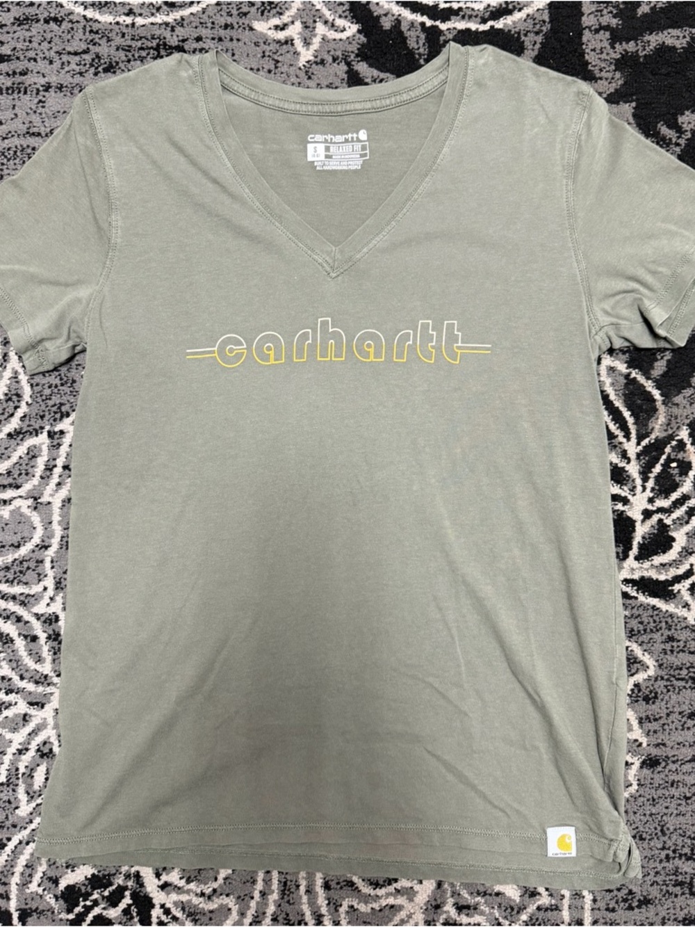 Carhartt Women's Olive Green V-Neck Tee with Yellow Logo